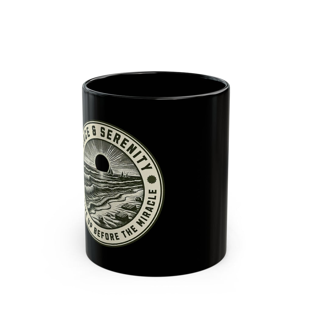 Serenity Sunrise Black Ceramic Mug 11oz, The off center logo represents how imperfect we are
