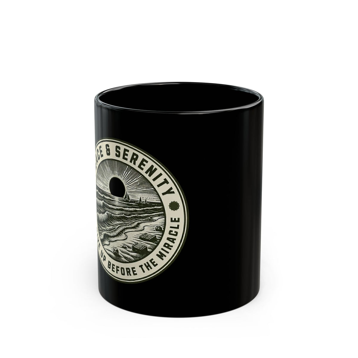 Serenity Sunrise Black Ceramic Mug 11oz, The off center logo represents how imperfect we are