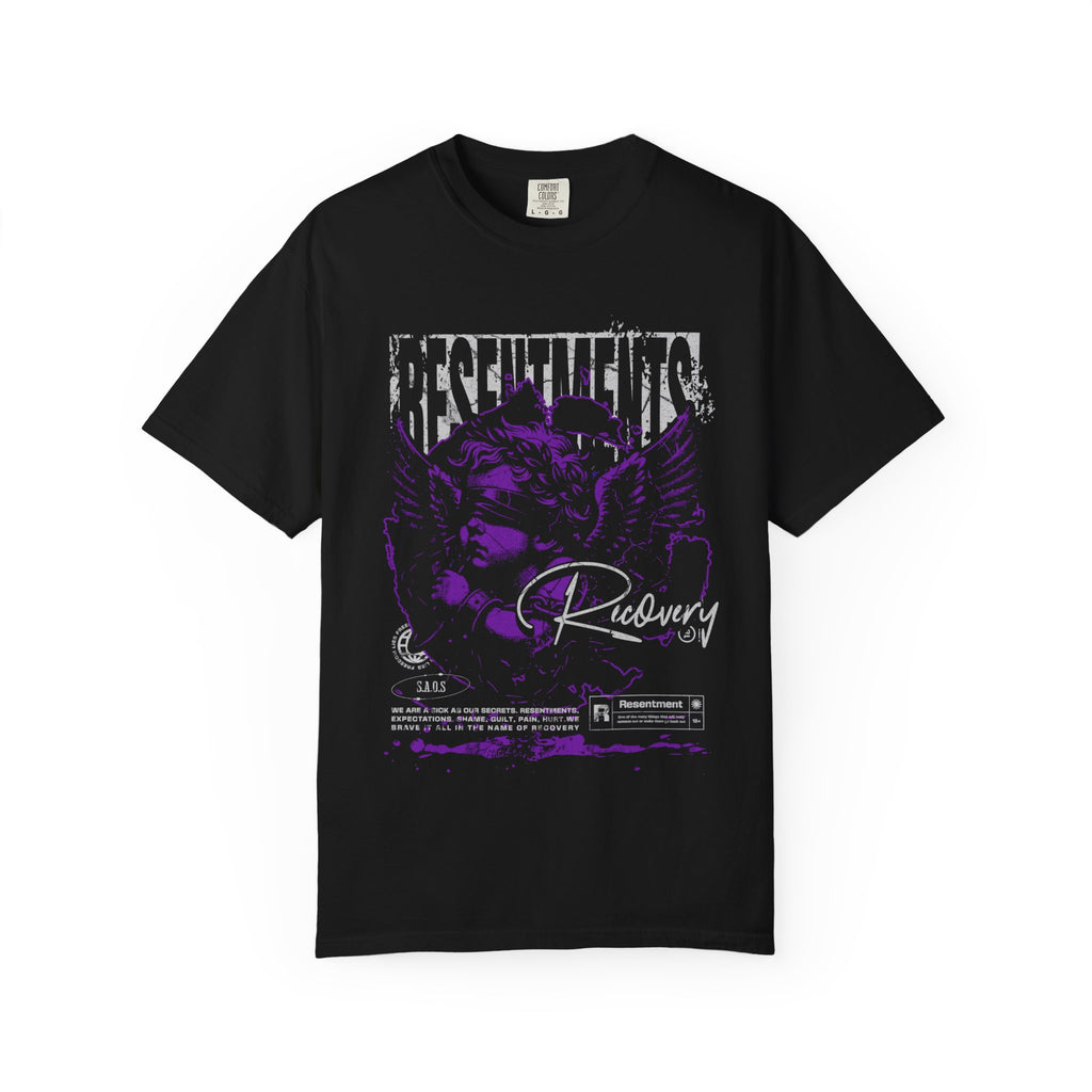 Resentments Raven Graphic T-Shirt – Dark Purple Gothic “Recovery” Tee