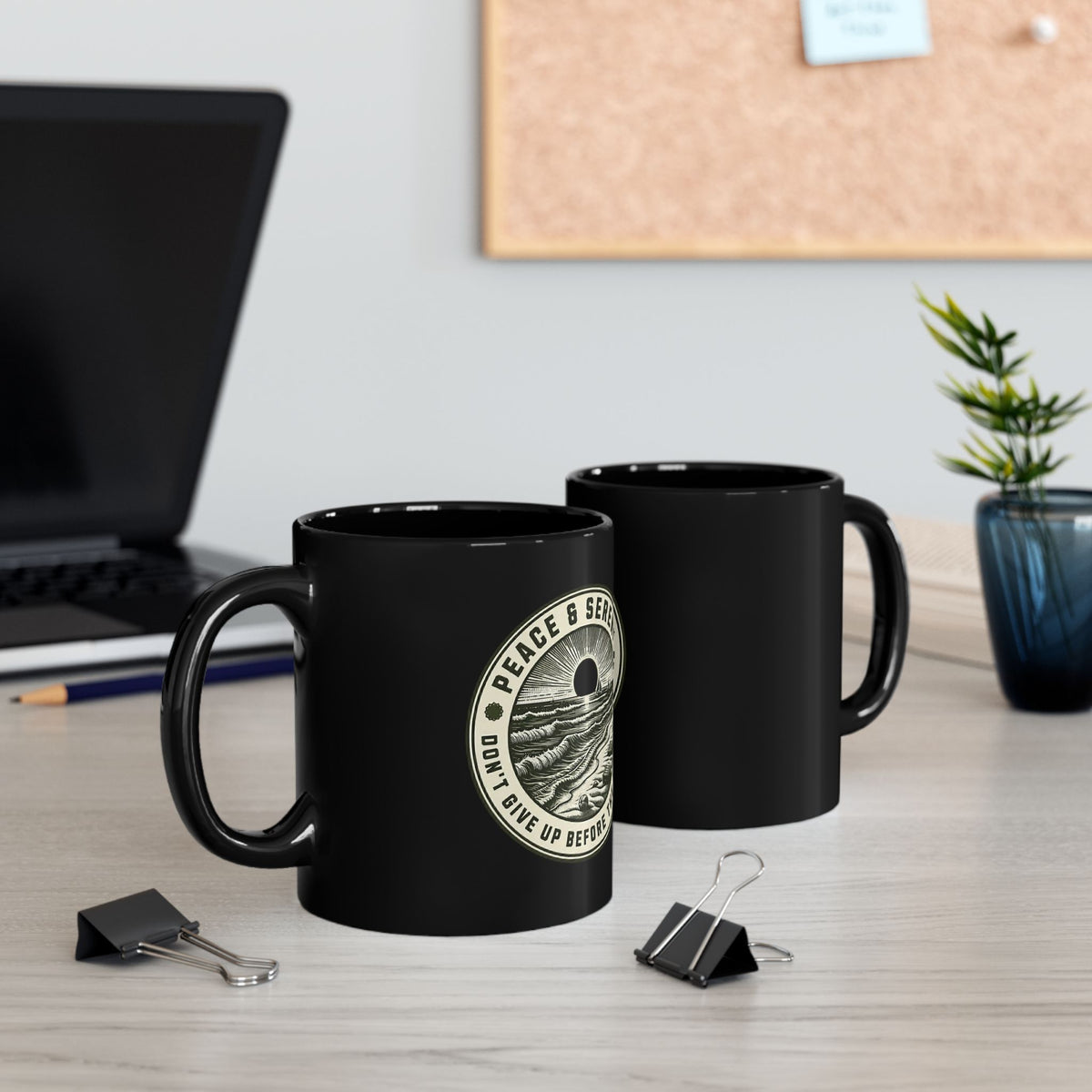 Serenity Sunrise Black Ceramic Mug 11oz, The off center logo represents how imperfect we are