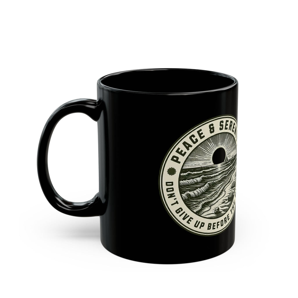 Serenity Sunrise Black Ceramic Mug 11oz, The off center logo represents how imperfect we are